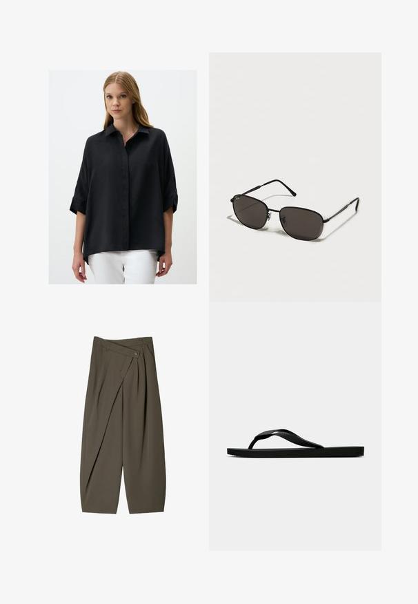 Black, loose-fitting shirt with a collar, button front, and short rolled sleeves. Smooth texture; longer back hem. Pair with white pants.; Wide-fit trousers in dark olive green fabric, featuring a pleated front design, a button closure, and a polished, textured surface.; Black rubber flip-flop sandal with a textured thong strap and simple flat sole, shown from side on a plain light background.; Black metal sunglasses with oval frames, dark lenses, slim temples, and a subtle logo on the left lens. Elegant, minimalistic design.