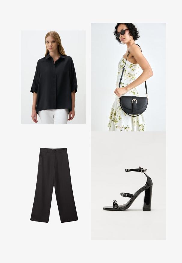 Schwarzes, locker sitzendes Hemd mit Kragen, Knopfverschluss und kurzen, umgeschlagenen Ärmeln. Glatte Textur; längerer Rückenhals. Kombiniere mit weißen Hosen.; Schwarze weite Hosen aus glattem Stoff, mit einem Reißverschluss vorne und zwei seitlichen Taschen, maßgeschneiderter Passform und minimalistischem Design.; Schwarze patentierte Sandalen mit Absatz, quadratischer Spitze, Knöchelriemen und silbernen Schnallen. Mit einem stabilen Blockabsatz für mehr Stabilität.; Schwarze Lederhandtasche mit geschwungener Form, abnehmbarem Tragegurt und goldenen Beschlägen. Die Tasche verfügt über einen Deckel mit einer Schnallen-Details.