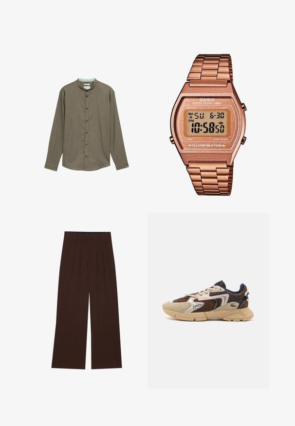 Rjava dolgosleeve srajca z mandarin ovratnikom, z gumbki spredaj in subtilno teksturo. Ima temne gumbe in svetlo modro notranjo ovratnico.; YOURTURN UNISEX 3 PACK BASIC OVERSIZED T-SHIRT - Navadna majica - dark brown/off-white/dark grey; Rjave široke hlače s plisami. Narejene iz gladkega materiala, s prilagojenim pasom in stranskimi žepi. Ravna obroba na dnu.; Bež in rjav športni copat z teksturiranimi mrežastimi paneli, nubukastimi detajli in gumijastim podplatom. Obsegajo zasnovo na vezalke in blagovno znamko.; Digitalna Casio ura z rožnato zlato kovinsko zanko, pravokotno ohišje, osvetljen prikaz, vodoodpornost, ki prikazuje čas in datum.