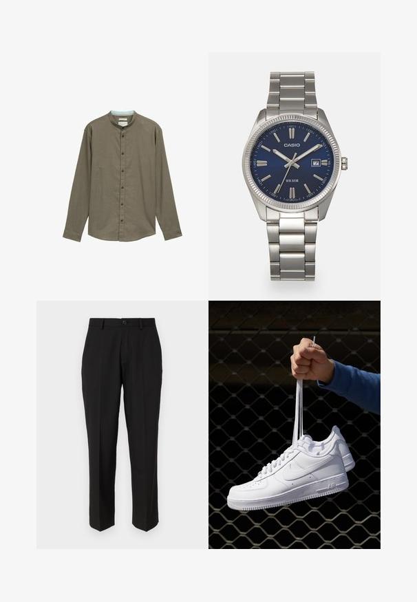 Ruskea pitkähihainen paita mandariinikauluksella, nappikiinnitys ja hienovarainen rakenne. Ominaisuuksiin kuuluvat tummat napit ja vaaleansininen sisäkaulus.; Mustat housut, jotka on valmistettu sileästä kankaasta, suoran lahkeen muotoilulla, etutaskuilla, yhdellä napilla kiinnitettävänä ja ilman näkyviä kuvioita.; Valkoiset nahkasneakersit, joissa on rei'ityksiä, pyöreä kärki, tasapohja ja paksut nauhat, joissa on näkyvä swoosh-logo ja "AIR" kantapäässä.; Harmaa ruostumaton teräs rannekello, jossa on tummansininen kellotaulu, metalliset tuntimerkit ja päivämääränäyttö kello 3:ssa. Vesitiivis 50 metriin asti.