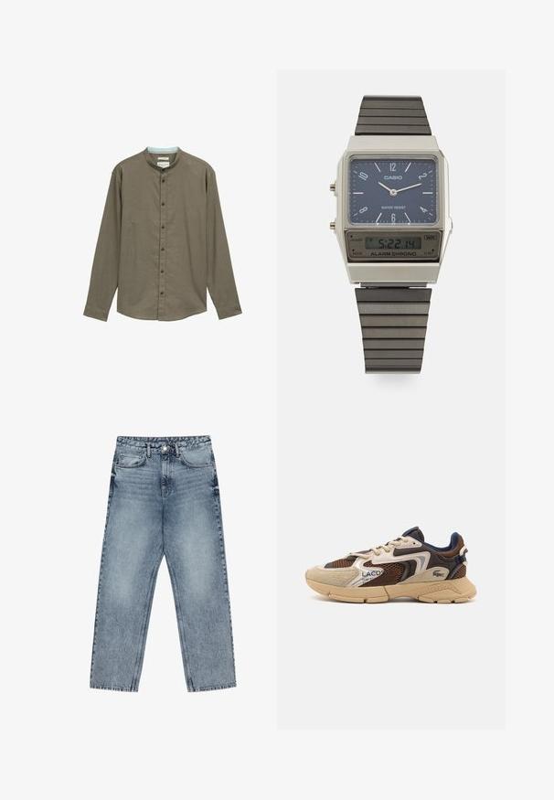 Camicia marrone a maniche lunghe con colletto alla cinese, chiusura a bottoni e una texture sottile. Presenta bottoni scuri e un colletto interno azzurro chiaro.; Jeans in denim azzurro chiaro con taglio a gamba dritta, cuciture visibili, design a cinque tasche e chiusura a bottoni in vita.; Sneaker beige e marrone con pannelli in mesh testurizzati, accenti in suede e suola in gomma. Presenta un design con lacci e dettagli brandizzati.; Orologio digitale Casio con quadrante blu, cassa argentata e cinturino in gomma nera a strati. Mostra l'ora e le impostazioni dell'allarme. Resistente all'acqua.