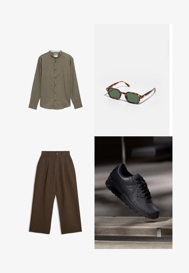 Brun långärmad skjorta med mandarin-krage, knäppning fram och subtil textur. Har mörka knappar och en ljusblå innervärld.; Bruna veckade byxor med en vid bendesign, med knappstängning och sidofickor, tillverkade av textil med struktur som passar för avslappnad användning.; Svarta Nike Air Max sneakers med övre del av texturerat läder, gummisula och framträdande snörsystem, som visar en strömlinjeformad och modern design.; Sköldpaddsbeslag av solglasögon med gröna linser, vinklade i en oktagonal form och med smala, böjda skalmar. Materialet har en glansig yta.