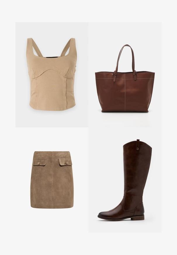Bež vrh z odrezanim krojem, ki vključuje široke naramnice, gladko teksturo, ukrivljene šive in oprijet kroj. Brez vidnih zapiranj ali okrasitev.; Rjava semi krila iz jasnega sued materiala z gladko teksturo, ki imata spredaj dva žepa z flapom in gumbom na vsaki strani. Preprost, raven dizajn.; Rjave škornje do kolen, izdelane iz gladkega usnja, z zaobljenim nosom, nizkim naloženim peto in diskretnim šivanim vzorcem ob straneh.; Rjava usnjena torba z dvema ročajema, z kontrastnim šitjem in prostornim dizajnom, primerna za vsakodnevno uporabo.