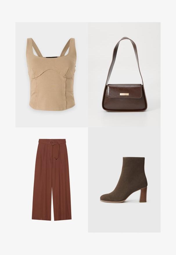 Beeziga lõikega lühike topp, millel on laiad õlapaelad, sile tekstuur, kumerad õmblused ja ülikitsas disain. Pole nähtavaid sulgemisi ega kaunistusi.; Küljed on laiad pruunidest kangast püksid, millel on ruudukujuline pandla ja pleeditud disain, samuti sile tekstuur.; Pruun suede pahkluu saabas ümmarguse varbaga ja korduvate tekstuuritega kontsaga. Sile välimus ilma nähtavate sulgude või kaunistusteta.; Pruun nahast õlalina, millel on struktureeritud kuju, magnetist klapiga sulgemine ja esiküljel metallne logo aksessuaar.