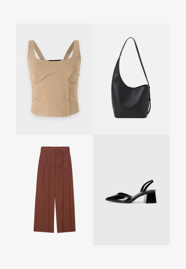 Bežani uski top s širokim naramenicama, glatkom teksturom, zakrivljenim šavovima i prilagođenim dizajnom. Bez vidljivih kopčanja ili ukrasa.; Hlače širokih nogavica od smeđeg materijala, s remenom sa kvadratnom kopčom, nabranim dizajnom i glatkom teksturom.; Crne lakirane kožne sandale s otvorenom petom i špicastim vrhom, s geometrijskom blok petom. Imaju elegantan, minimalistički dizajn i glatku teksturu.; Crna kožna hobo torba s glatkom teksturom, zakrivljenim oblikom i jednom podesivom trakicom; ima širok otvor na vrhu.