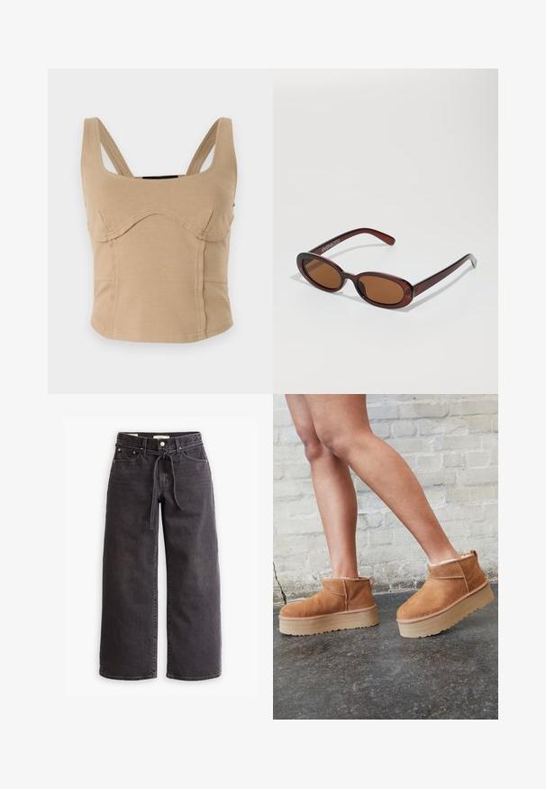 Beige cropped top featuring wide shoulder straps, smooth texture, curved seams, and a fitted design. No visible closures or embellishments.; Black wide-leg jeans made of denim, featuring a drawstring waist, five pockets, and contrast stitching details. Flat-front design.; Brown suede ankle boots with a plush lining, thick beige platform sole, and a rear pull tab. Textured surface with visible stitching details.; Round, brown-tinted sunglasses with a glossy burgundy frame. Slim arms with subtle branding detail. Flat lens design.; Brown leather tote bag with double handles, features contrast stitching and a spacious design, suitable for everyday use.