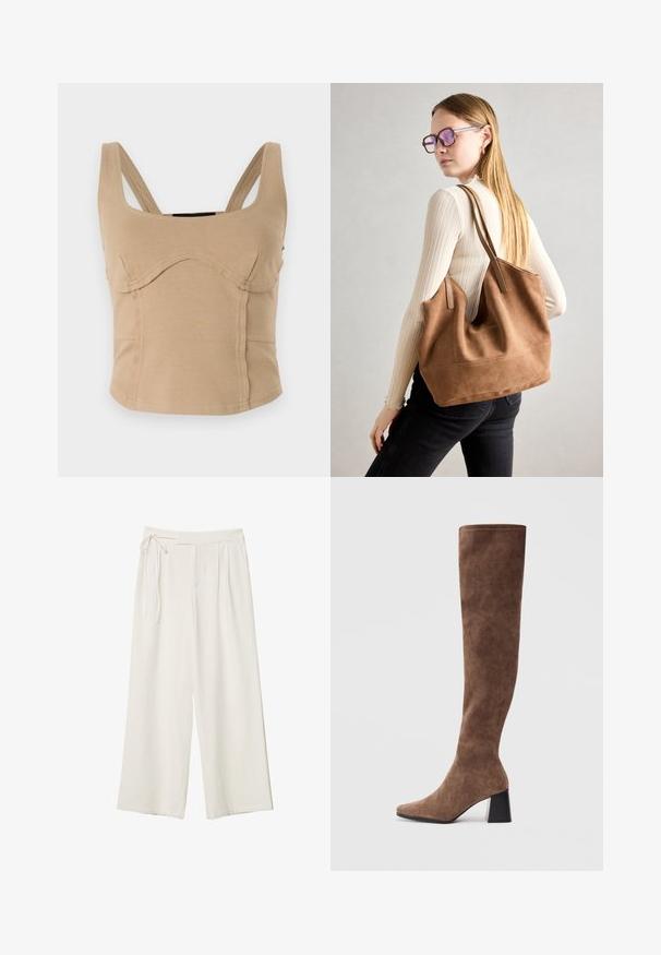 Kremi lyhyt toppi, jossa on leveät olkaimet, sileä pinta, taipuisat saumat ja istuva muoto. Ei näkyviä suljinteita tai koristeita.; Lepuh lebar dengan kain putih krem yang halus. Memiliki pinggang yang diikat dan bagian depan berlipit, dirancang untuk potongan yang santai.; Sukkapituiset ruskeat saappaat pehmeästä mokasta, joissa on teräväkärkinen muotoilu ja jykevä musta korko. Suunnittelussa on saumaton ompelu, joka antaa tyylikkään ilmeen.; Ruskea nubukkivuoriolaukku, jossa on pehmeä rakenne, tilava avaus ja pitkät hihnat. Ominaisuuksiin kuuluu yksinkertainen muotoilu näkyvine ompeleineen ja ilman metalliosia.