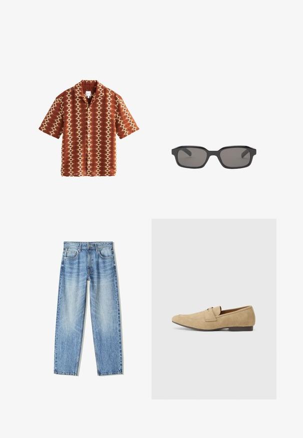 Next STRIPE SHORT SLEEVE - Hemd - rust orange; Helle blaue Denim-Jeans mit lockerem Schnitt, geradem Bein-Design, fünf Taschen und verblasster Textur. Enthält einen Frontknopf- und Reißverschluss.; Beige Wildleder-slipper mit leichtem Glanz, runder Zehenform, praktischer Schlupf-Design und niedrigem braunen Absatz. Dezente Steppnähte.; Schwarze rechteckige Sonnenbrille mit dunkelgrauen Gläsern, ausgestattet mit einem dicken Kunststoffrahmen und glatter Oberfläche. Keine sichtbare Markenkennung.