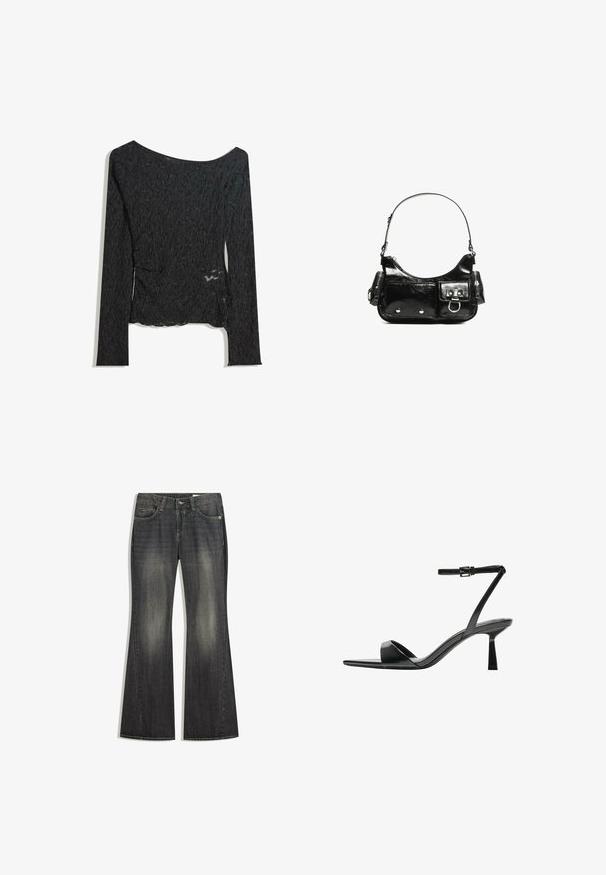 Top negru cu mânecă lungă, realizat dintr-un material texturat, cu decolteu inima și detaliu cu crăpătură laterală, având un model călcat pe întreaga suprafață.; Jeans din denim decolorat cu croi evazat, cu ușoare semne de uzură, cinci buzunare și cusături contrastante, având un sistem standard de închidere cu nasture și fermoar.; Bershka Sandale cu toc - black; Geantă de mână din piele lăcuită neagră, cu o formă curbată, un umăr, buzunare frontale și accente din metal argintiu.