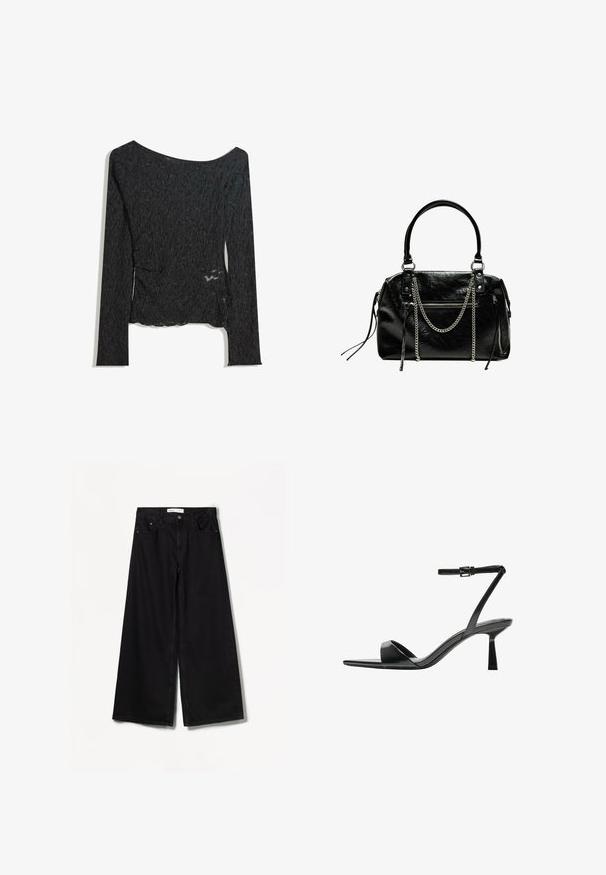 Hosszú ujjú fekete felső, texturált anyagból készült, hajónyakkal és oldalsó hasítékkal, melyen ráncos mintázat található.; Bershka WIDE-LEG - Széles szárú - black; Bershka Magas sarkú szandálok - black; Bershka WITH CHAIN - Kézitáska - black
