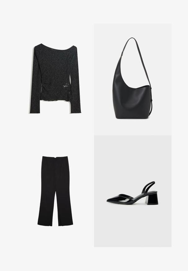 Črna dolga majica z dolgimi rokavi, izdelana iz teksturirane tkanine, z barko izrezom in detajlom bočnega režanja, z gubastim vzorcem po celotni površini.; Črne hlače ravnega kroja z naglavnimi žepi in stranskimi razporki na robu. Narejene iz mehke, gladke tkanine. Primerne za različne priložnosti.; Črne lakirane slingback pete s koničastim nosom in geometrijsko blokasto peto. Imajo eleganten, minimalističen dizajn in gladko teksturo.; Črna usnjena hobo torba z gladko teksturo, ukrivljeno obliko in eno nastavljivo naramnico; ima širok odprtina na vrhu.