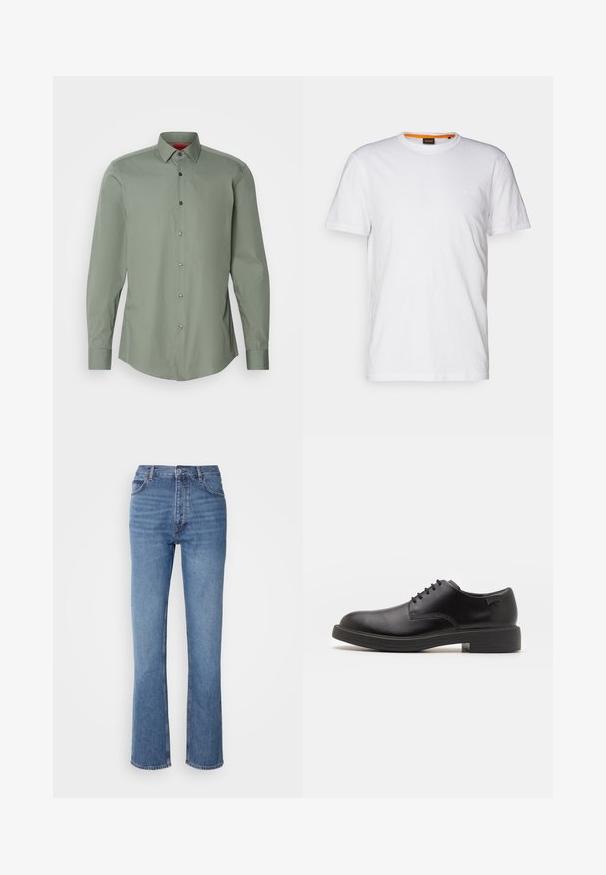 Long-sleeve shirt in muted green, lightweight fabric. Features a button-down collar, gray buttons, and a curved hem.; White cotton T-shirt with a crew neck, short sleeves, and a subtle embossed logo on the chest. Interior tag has an orange accent.; Blue denim jeans with a high waist, straight-leg design, and subtle fading. Features classic five-pocket styling and a zip fly closure.; Black leather lace-up shoe with a rounded toe, smooth texture, minimal stitching, and a low rubber heel. Logo on the heel.