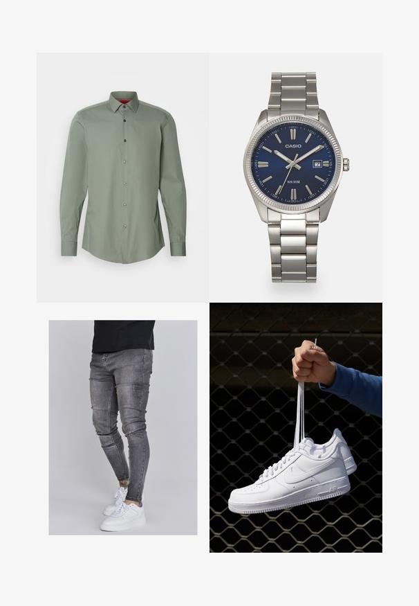 Camicia a maniche lunghe di colore verde tenue, in tessuto leggero. Presenta un colletto con bottoni, bottoni grigi e un orlo curvo.; Jeans skinny in denim grigio sbiadito, con dettagli strappati sulle ginocchia, abbinati a sneakers bianche. Texture liscia, design slim fit.; Sneakers in pelle bianca con perforazioni, punta rotonda, suola piatta e lacci spessi, con logo swoosh visibile e "AIR" sul tallone.; Orologio da polso in acciaio inossidabile argento con quadrante blu navy, indici metallici e finestra della data alle 3. Resistente all'acqua fino a 50 metri.