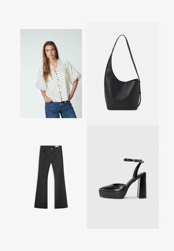 Bluză albă cu buline negre, mâneci scurte tip puff, închidere cu nasturi în față și guler rotund, asortată cu blugi albaștri.; Blugi negri evazați din denim cu o textură netedă, având două buzunare la spate și închidere cu buton la talie.; Pantofi cu toc platformă negri, cu vârful ascuțit și curea reglabilă la gleznă. Confecționați din piele netedă, având un toc gros.; Geantă hobo din piele neagră, cu o textură netedă, formă curbată și un singur bretele ajustabil; are o deschidere largă în partea de sus.