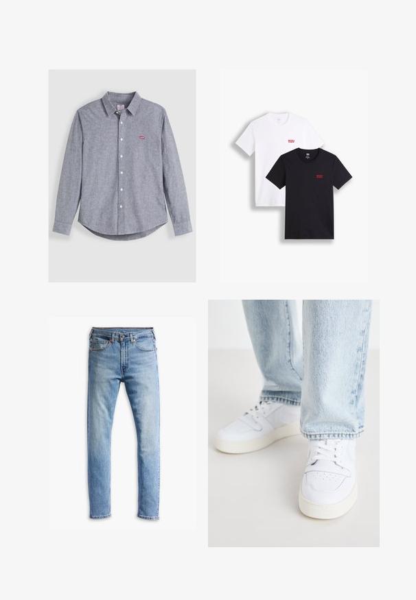 Šedá kostkovaná košile s dlouhým rukávem a límečkem, s malým červeným logem na hrudi, vyrobená z texturované látky s bílými knoflíky.; Dvé trička s krátkým rukávem: jedno bílé a jedno černé. Obě vyrobená z bavlny s červeným logem Levi's na hrudi. Jednoduchý design s kulatým výstřihem.; Světle modré džíny z denimu s rovně střiženým designem, pěti kapsami, zapínáním na knoflík a jemným blednutím po látce.; Bílé kožené tenisky nízkého střihu s perforovaným špičkou, plochými tkaničkami a minimalistickým designem. Spárovány s světle modrými denimovými džíny.