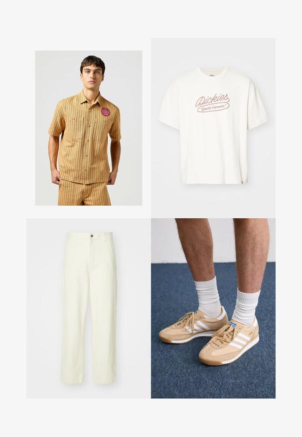 Korte mouwen button-up shirt in licht tan stof met groene verticale strepen en twee borstzakken. Bevat een rode ronde logo patch.; Licht crème kleurige katoenen T-shirt met korte mouwen featuring "Dickies" in een decoratieve scriptlettertype en "Quality Garments" in een contrasterende roodbruine kleur.; Lichtgele katoenen broeken met een rechte pijp, voorzien van een frontsluiting met knoop, ceintuurlussen en een schone, minimalistische uitstraling.; Beige suède sneakers met witte strepen en veters. Heeft een gestructureerde bovenkant, een zachte zool en een blauwe logo-tag op de tong.