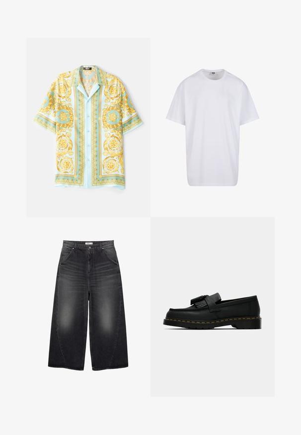 Jasnoniebieska koszula z krótkim rękawem zdobiona bogatymi złotymi wzorami barokowymi, z zapięciem na guziki oraz swobodnym krojem. Gładki materiał o błyszczącej fakturze.; Biała bawełniana koszulka z krótkimi rękawami, okrągłym dekoltem, luźnym krojem i bez widocznych logo lub wzorów. Gładka tekstura i minimalistyczny design.; PULL&BEAR - Jeansy baggy; Czarne skórzane mokasyny z frędzlami, żółte przeszycia wzdłuż podeszwy i gruba, żłobiona gumowa podeszwa.