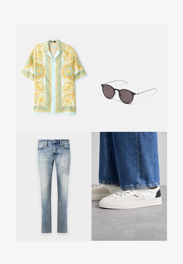 Světlomodrá košile s krátkým rukávem, která se vyznačuje okrasnými zlatými barokními vzory, zapínáním na knoflíky a volným střihem. Hladká tkanina s lesklou strukturou.; Černé bavlněné tričko s kulatým výstřihem, krátkými rukávy a logem "EMPORIO ARMANI" v bílém nad nápisem "Milano" v zakřiveném provedení.; Světle modré džíny z denimu s vybledlým povrchem, slim fit střih, pět kapes a kontrastní švy.; Bílé a černé tenisky s hladkým koženým svrškem, texturovanými akcenty a robustní bílou podešví. Mají klasický design se šněrováním.; Černé kulaté sluneční brýle s tmavými skly a tenkými kovovými nohami. Obsahují průhledné koncovky nožiček a stříbrné akcenty na pantu. Minimalistický design.