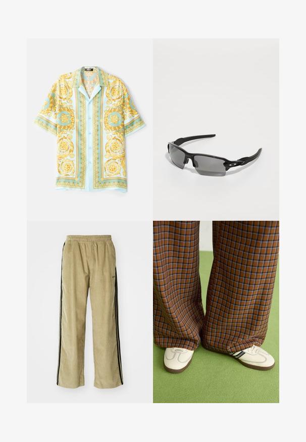 Cămașă scurtă cu mâneci scurte, de culoare albastră deschisă, cu modele baroce ornate de aur, cu butoane la față și o croială relaxată. Țesătură netedă cu un aspect lucios.; Pantaloni din catifea bej cu talie elastică, având dungi negre pe laterale. Țesătura are o textură în dungi, ușor evazată la baza.; Pantaloni largi cu carouri maro și albastru, asociați cu pantofi albi cu accente negre și tălpi texturate, împotriva unui fundal verde.; Ochelari de soare sport negri cu lentile gri, design cu ramă curbată și detalii cu logo pe lateral. Fabricat din material plastic ușor.