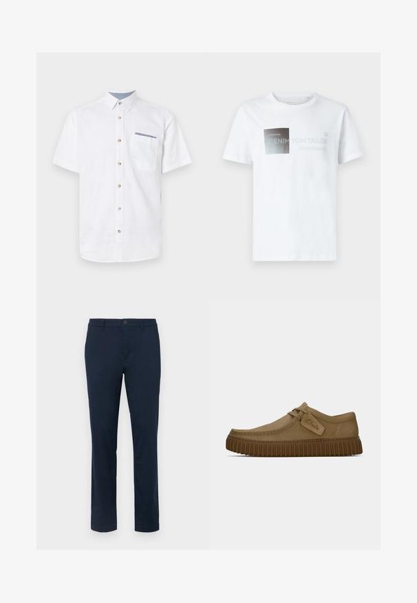 Lühi varrukatega valge puuvillane särk, millel on nööbiteenusega eesmine osa, pruunid nööbid ja sinise detaljiga rindkere tasku.; Valge puuvillane lühikeste varrukatega T-särk, millel on musta ja halli värvi graafiline disain koos tekstiga. Ümar kaelus, vabav formaadis, sile tekstuur.; Tumedad sinised chinos, mis on valmistatud siledast kangast. Sirge jala disain, millel on ühekordne nööbi kinnitamine ja vööloop. Ilma nähtavate mustrite või aksessuaarideta.; Kerged pruunist nahksoost kingad, millel on ümar varvas, õmblustega detailid ja soonikkoes pruun kummitald. Omab külje peal sildi, millel on "Clarks" logo.