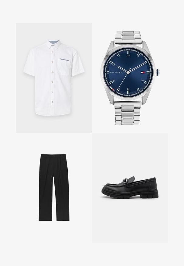 Weißes Kurzarmhemd aus Baumwolle mit Knopfleiste, braunen Knöpfen und einer Brusttasche mit blauer Akzentuierung.; Schwarze Hose mit geradem Schnitt, aus einem glatten Stoff gefertigt. Verfügt über Vorderfalten und einen einzelnen Knopfverschluss an der Taille.; Schwarzer Lederloafer mit runder Zehenform, einem dekorativen Riemen und Hardware sowie einer robusten, strukturierten Sohle. Glatte Oberfläche mit dezenten Details.; Silberne Metall-Uhr mit einem gebürsteten blauen Zifferblatt, weißen Stundenmarkierungen und einem Datumsanzeiger. Verfügt über ein verlinktes Metallarmband und ein Markenlogo.; Silberne Halskette mit dicken Gliedern und einem zentralen runden Anhänger mit filigranen Details. Glatte, reflektierende Metalloberfläche.