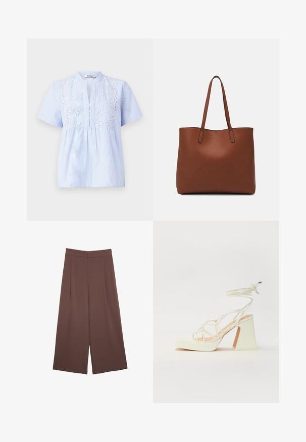 Jasnoniebieska bluzka z krótkim rękawem w białe pionowe paski, z wyszywaną kwiatową aplikacją na karczku i zapięciem na guziki.; Brązowe spodnie o szerokich nogawkach z gładką fakturą, z wysokim stanem i plisami z przodu. Materiał jest lekki i luźno opada.; Biała sandał na wysokim obcasie z masywnym słupkiem, z paskowym wzorem i wiązaniem przy kostce. Gładka faktura z platformą z przodu dla dodatkowej wysokości.; Brązowa skórzana torba tote o gładkiej fakturze, z otwartym wierzchem i dwoma ramiączkami. Charakteryzuje się minimalnym przeszyciem i brakiem widocznych elementów metalowych.