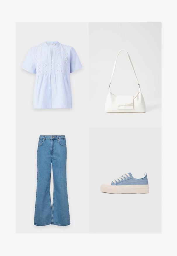 Světle modrá blůza s krátkým rukávem a bílými svislými pruhy, s vyšívaným květinovým vzorem na prsou a knoflíkovým zapínáním.; Světle modré rozšířené džíny z denimu, se zvýšeným pasem, pěti kapsami a jedním knoflíkem na zapínání. Měkký povrch s vybledlým vzhledem.; Světlé modré plátěné tenisky s krémovou gumovou špičkou a podrážkou, které mají bílé tkaničky a poutko na patě.; Bílá syntetická kabelka v trojúhelníkovém tvaru, s plochým předním klopným víkem a detailem mašle, nastavitelným popruhem, hladkým povrchem a minimalistickým designem.