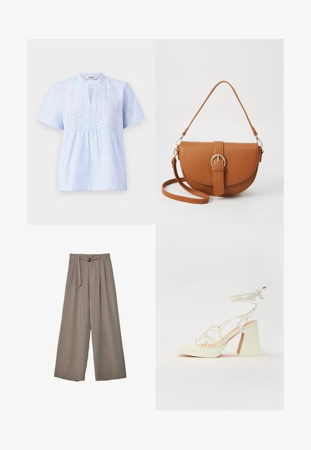 Světle modrá blůza s krátkým rukávem a bílými svislými pruhy, s vyšívaným květinovým vzorem na prsou a knoflíkovým zapínáním.; Kalhoty s širokými nohavicemi v měkké, tlumené šedé látce, s páskem v pase a sklady pro přidaný designový detail. Hladká textura, bez vzorů.; Bílé sandály na vysokém podpatku s robustním podpatkem, s designem s pásky a zavazováním kolem kotníku. Hladký povrch s platformou vpředu pro zvýšení výšky.; Hnědá kožená křížová taška s zakřiveným tvarem, zlatými detaily a akcentem s přezkou. Obsahuje odnímatelný popruh na rameno.