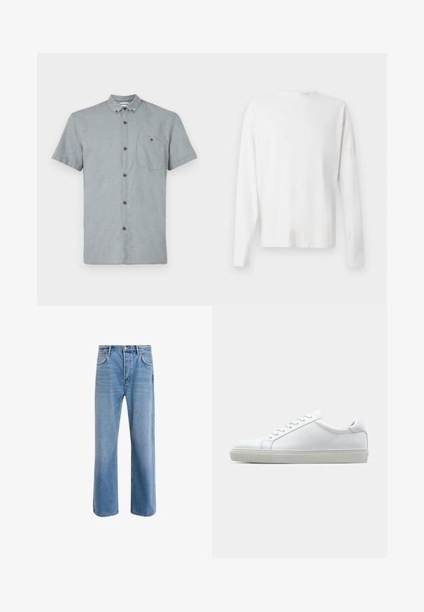Košeľa s krátkym rukávom a golierom z svetlosivej látky s textúrovaným vzorom. Obsahuje vrecko na hrudi a tmavé gombíky.; Biela bavlnená košeľa s dlhými rukávmi a okrúhlym výstrihom, s bočnými rozparkami na spodku a hladkou textúrou, zobrazená zozadu.; Svetlo modré denimové džínsy so strihom rovného nohu, päť vreciek, zapínanie na gombík, minimálne vyblednutie a kontrastné švy.; Biele tenisky s hladkým koženým zvrškom a nízkym profilom. Majú zaoblenú špičku, šesť očiek a štruktúrovanú gumovú podrážku.