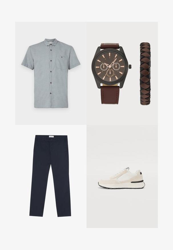 Chemise à manches courtes, col classique, en tissu gris clair avec un motif texturé. Dotée d'une poche poitrine et de boutons foncés.; Chinos bleu marine en coton, à la texture douce, avec une fermeture éclair, des passants de ceinture et des poches latérales pour plus de fonctionnalité.; Baskets blanches et beige en daim et mesh, présentant un design superposé, une semelle noire et un logo discret au niveau du talon.; Pier One SET - Montre - black/brown