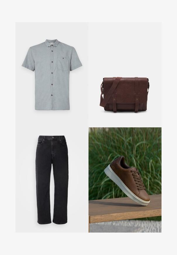 Short-sleeve, collared shirt in light gray fabric with a textured pattern. Features a chest pocket and dark buttons.; Black denim jeans with a straight cut, five pockets, and contrasting stitching. Features a button closure and belt loops on the waistband.; Brown leather sneaker with white rubber sole, rounded toe, and brown laces. Textured grip on the sole and smooth finish on the upper.; Brown leather messenger bag with a flat front flap, two straps, gold hardware accents, and an adjustable shoulder strap.