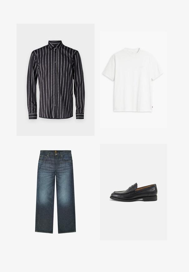 Bruuns Bazaar VANIGILLY SHIRT - Skjorter - black; Hvid bomulds T-shirt med korte ærmer, rund hals og en diskret Levi's logo trykt i midten. Blød tekstur og standard pasform.; Mørkeblå vidde jeans lavet af denim, med fem lommer, kontrasterende syninger og en knaplukning i taljen.; Sorte læder loafers med en glat finish, rund tå og dekorativ syning på vampen. Lav stablet hæl og let glans.