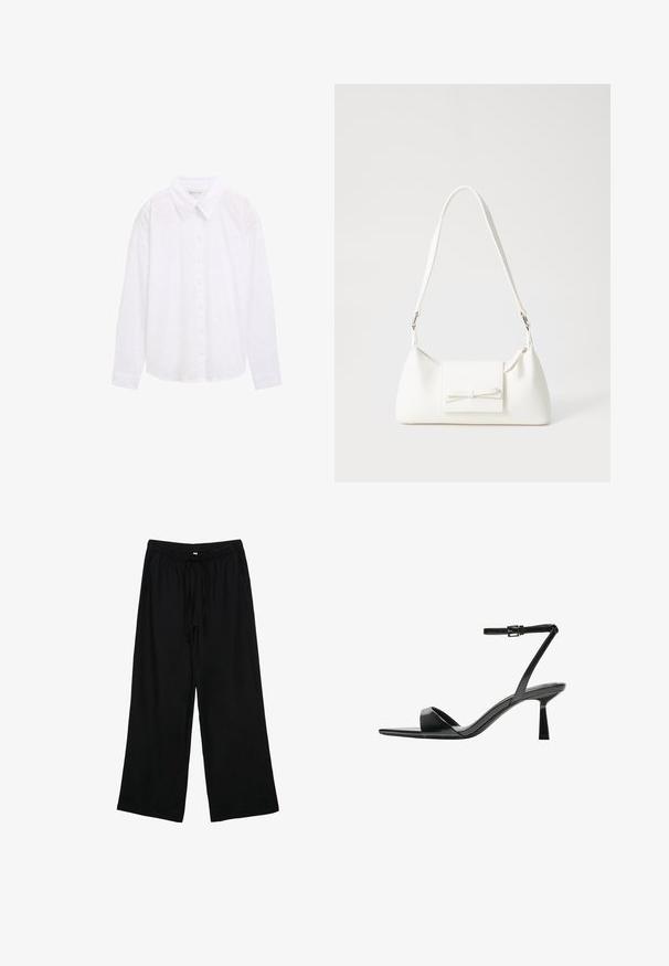 Camicia bianca con colletto, motivo a pois testurizzato, e maniche lunghe, realizzata in leggero cotone.; Pantaloni neri leggeri a gamba larga con vita elastica e cordino. Texture liscia, senza motivi o componenti visibili.; Bershka Sandali con tacco - black; Borsa sintetica bianca a forma triangolare, con patta anteriore piatta e dettaglio a fiocco, tracolla regolabile, texture liscia e design minimalista.