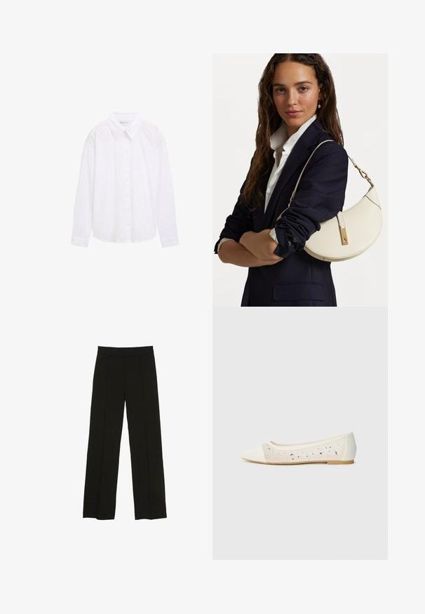 Witte button-up blouse met een kraaglijn, een gemêleerd stippenpatroon en lange mouwen, gemaakt van lichtgewicht katoen.; Zwarte wijde pantalon gemaakt van een soepele stof, met een aansluitende tailleband en subtiele plooien aan de voorkant voor extra textuur.; Puntige ballerina in crème leer met transparante bovenkant, versierd met verspreide rhinestones. Zachte zool voor comfort, minimalistisch ontwerp.; Witte leren handtas met een ronde vorm, gouden details en een gestructureerde afwerking, gedragen over een donkere blazer en een wit shirt.