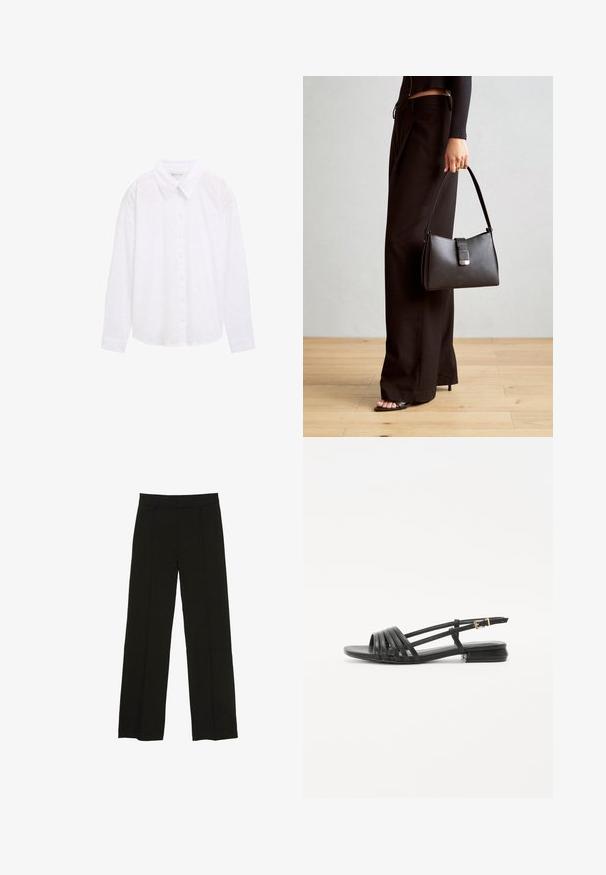 Fehér, galléros gombos ing, texturált pöttyös mintával és hosszú ujjal, könnyű pamutból készült.; Fekete, bő szárú nadrág sima anyagból, melynek kényelmes derékrésze és diszkrét elülső redők adnak extra textúrát.; Fekete lapos szandálok, szíjakkal tervezve, amelyek több bőr pánttal és vékony bokapánttal rendelkeznek. A talp lapos és téglalap alakú.; Fekete kézi táska strukturált formával, sima textúrával és fémből készült záródással. Széles fekete nadrággal és nyitott orrú szandállal párosítva, fából készült padlón.