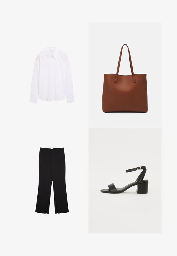 Chemise blanche à boutons avec un col, motif à pois texturé et manches longues, en tissu de coton léger.; Pantalon noir avec une coupe droite, doté de poches avant et d'éclairs sur l'ourlet. Fabriqué en tissu doux et lisse. Convient à diverses occasions.; Sandale à talons noirs avec un dessus en cuir lisse, une ouverture à l'avant, de larges brides avant et une bride de cheville ajustable avec une boucle dorée.; Sac fourre-tout en cuir marron avec une texture lisse, design à ouverture supérieure et deux poignées pour le porter à l'épaule. Présente des coutures minimales et aucun matériel visible.