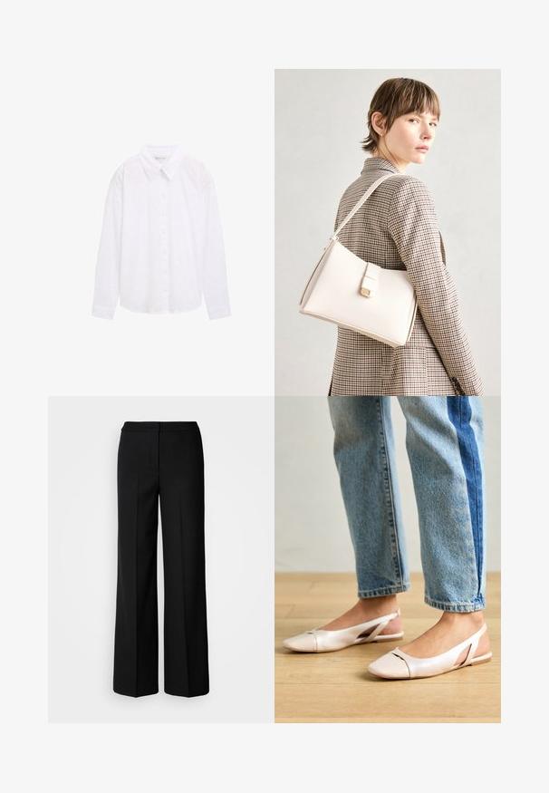 Camisa blanca de botones con cuello, patrón de lunares texturizados y mangas largas, hecha de un tejido de algodón ligero.; Pantalones de pierna ancha negros con una tela suave, que presentan una cintura alta, costuras ajustadas y un diseño minimalista. Sin herrajes visibles ni bolsillos.; Bailarinas de color rosa pálido con tiras traseras y punta puntiaguda, fabricadas con un material similar al cuero suave. Presentan detalles recortados en los laterales y un tacón plano.; Bolso de mano de cuero blanco con un diseño estructurado, que presenta un cierre magnético y una correa para el hombro, exhibido sobre un fondo neutro.