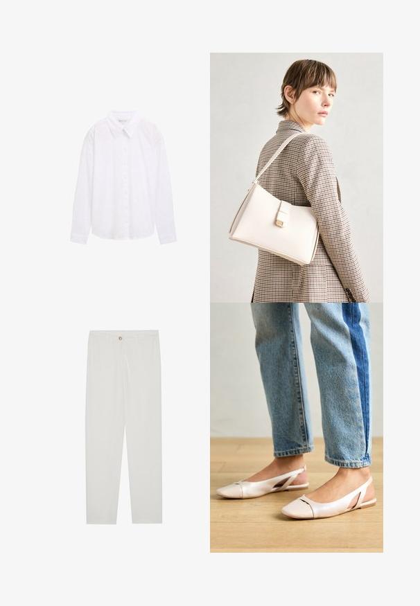 Bjela košulja na dugih rukava s ovratnikom, teksturiranom točkastom uzorkom i dugim rukavima, izrađena od lagane pamučne tkanine.; Bijele, krojene hlače ravnog kroja, s kopčanjem na dugme, petljama za remen i bočnim džepovima; glatka tekstura tkanine.; Svijetlo ružičaste slingback balerinke s šiljastim vrhom, izrađene od glatkog materijala nalik koži. Sadrže izrezane detalje sa strane i ravnu petu.; Bijela kožna torba s čvrstim dizajnom, s magnetskim kopčanjem i remenom za rame, prikazana na neutralnoj pozadini.