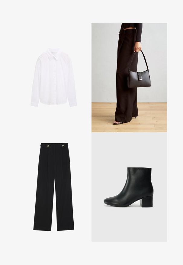 Biela košeľa s gombíkmi a golierom, textúrovaný bodkovaný vzor a dlhé rukávy, vyrobená z ľahkej bavlny.; Čierne široké nohavice s vysokým pásom, so zapínaním na gombíky na páse a prednými sklady.; Čierne kožené členkové čižmy s špicatou špičkou a hrubým podpätkom. Hladká textúra s minimálnymi akcentmi a elegantným, priliehavým dizajnom.; Čierna kabelka so štruktúrovaným tvarom, hladkou textúrou a kovovou sponou. V kombinácii so širokými čiernymi nohavicami a sandálmi s otvorenou špičkou na drevenej podlahe.
