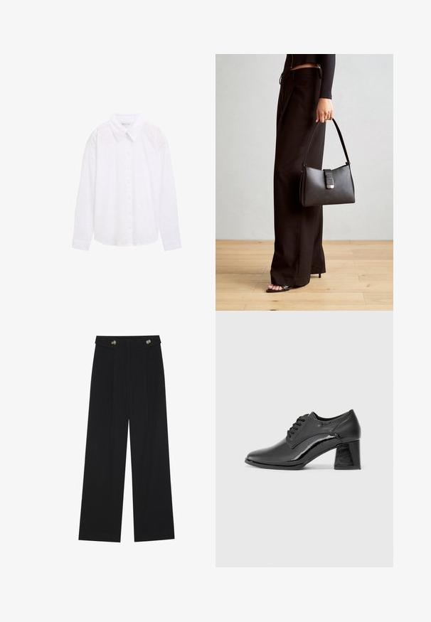 Weißes Hemd mit Kragen, strukturiertem Punktemuster und langen Ärmeln, aus leichtem Baumwollstoff gefertigt.; Schwarze weite Hosen mit hoher Taille, Knopfdetails am Bund und vorderen Falten.; Schwarze Lacklederschuhe mit runder Spitze, Schnürdesign und einem klobigen rechteckigen Absatz. Glatte Textur mit glänzendem Finish.; Schwarze Handtasche mit strukturierter Form, glatter Textur und einem metallischen Verschluss. Kombiniert mit weiten schwarzen Hosen und offenen Sandalen auf einem Holzboden.