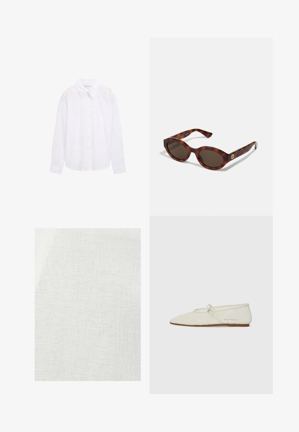 Camicia bianca con colletto, motivo a pois testurizzato, e maniche lunghe, realizzata in leggero cotone.; Tessuto di lino bianco con una trama strutturata, caratterizzato da un aspetto leggermente opaco e da irregolarità naturali sparse nel materiale.; Ballet flat in rete color crema con punta affusolata e cinturino regolabile. Presenta una tomaia testurizzata e una suola piatta marrone.; Occhiali da sole in tartaruga con montatura arrotondata, lenti scure e dettagli in oro sul tempio. Materiale in plastica liscia, senza schemi visibili.; Borsa a tracolla in pelle intrecciata marrone con una forma triangolare morbida. Presenta una maniglia intrecciata e una chiusura con zip lungo la parte superiore.