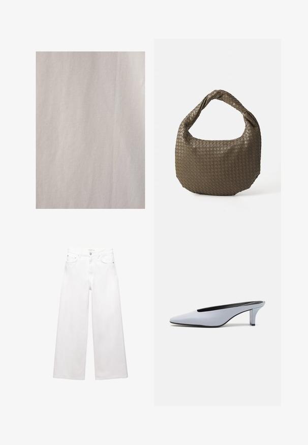 Touché Privé Košilová halenka - stone; Bílé široké džíny vyrobené z bavlny, s vysokým pasem, pěti kapsami a akcenty z mosazného hardwaru. Hladká, nedotčená textura.; Světle modrý lakovaný kožený mule s špičatou špičkou, nízkým transparentním podpatkem a štíhlým designem s výřezem na nártu.; Tkaná olivově zelená kabelka zaobleného tvaru s propleteným držadlem. Texturovaný povrch má diagonální vzor. Zapínání na zip.