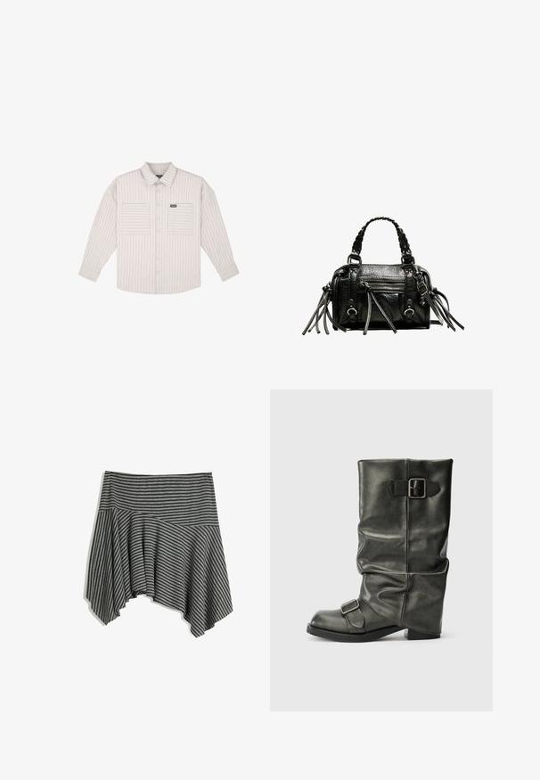 Vaaleanharmaa pitkähihaisuus nappikauluspaita, jossa on pystyraitoja. Sisältää rintataskut ja klassisen kauluksen. Pehmeä kangas ja rento istuvuus.; Harmaaraitainen hame, jossa on epäsymmetrinen helma. Valmistettu pehmeästä kankaasta, jossa on tiukka vyötärö ja virtaava laskos.; Musta tekonahkasaappa, jossa on löysä varsi, paksu korko ja sivuilla kaksi metallista solkea yksityiskohtana.; Musta nahkalaukku, jossa on punotut kahvat, teksturoitu pinta, vetoketjullinen etutasku ja koristeelliset fringes-akoristeet. Kompakti ja jämäkkä muoto.