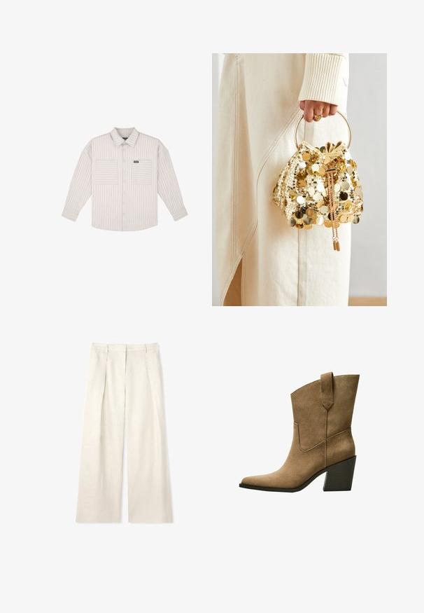 Light gray, long-sleeve button-up shirt with vertical stripes. Features chest pockets and a classic collar. Soft fabric with a relaxed fit.; Light beige wide-leg trousers made of textured fabric, featuring front pleats, a flat front waistband, and no visible hardware or accents.; Brown suede cowboy boots with a pointed toe, showcasing a mid-height block heel and simple stitching along the side seams.; Gold sequin drawstring handbag with a circular handle, featuring shiny round sequins and a textured fabric. Dimensions are not provided.