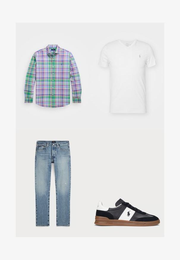 Zelená károvaná košeľa s dlhými rukávmi, s golierom na gombíky, obsahujúca ružové, modré a biele šachovnice. Vyšívané logo nad ľavou kapsou.; Biele tričko s výstrihom do V vyrobené z bavlny, s malým vyšitým logom na ľavej strane hrude. Krátke rukávy a voľný strih.; Svetlomodré džínsy s rovnými nohavicami, s jemne vyblednutým uhlím, subtílnym žíhaním a štandardným dizajnom s piatimi vreckami.; Čierno-biele nízke tenisky vyrobené z syntetickej kože so semišovými akcentmi, s gumovou podrážkou, šnurovacím dizajnom a detailmi loga.