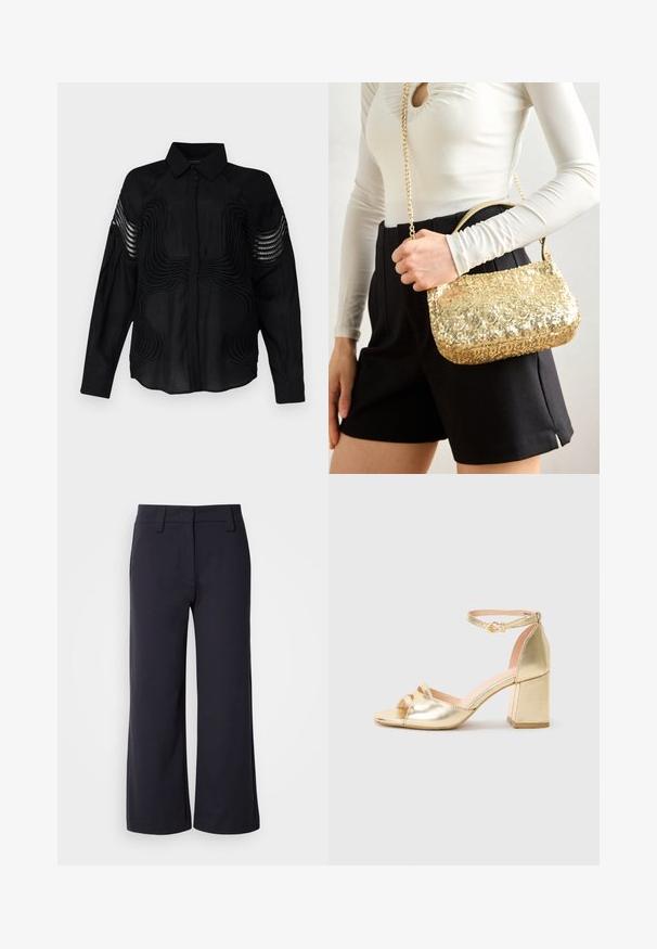 Copenhagen Muse Bluse - black; Weite Hosen aus dunklem Marineblau. Mit flachem Bund, Gürtelschlaufen und seitlichen Taschen. Das Material ist glatt und hat einen leichten Stretch.; Goldfarbene, metallische Sandale mit hohen Absätzen und Blockabsatz, Riemen um den Knöchel mit Schnalle und offener Zehenpartie auf einem schlichten weißen Hintergrund.; Goldfarbene Paillettenhandtasche in rechteckiger Form, mit einem kurzen Griff und einem langen Kettenriemen. Die Textur ist glänzend und reflektierend.
