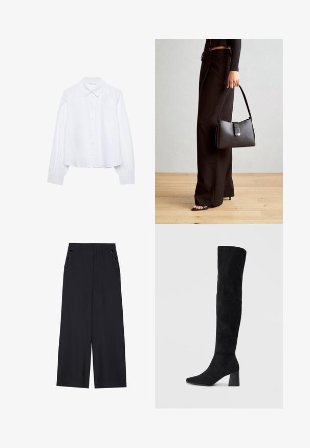 Biela dlhá košeľa s gombíkmi a špicatým golierom, s naberanými manžetami, vystavená na jednoduchej bielej ploche.; Široké nohavice z tmavomodrého materiálu s hladkou textúrou, prednými skladmi a ozdobnými zlatými očkami na bočných vreckách.; Čierna semišová kozačka po kolená s blokovým podpätkom, špicatou špičkou a hladkým, bezšvovým dizajnom na jednoduchom svetlom pozadí.; Čierna kabelka so štruktúrovaným tvarom, hladkou textúrou a kovovou sponou. V kombinácii so širokými čiernymi nohavicami a sandálmi s otvorenou špičkou na drevenej podlahe.