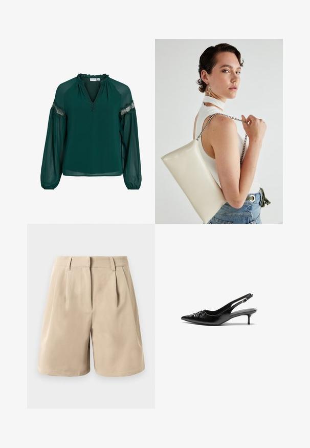 Tamsiai žalia bluzonėlė pagaminta iš lengvos medžiagos, su raukinėtu apykakle, nėriniuotais akcentais ant rankovių ir laisvu kirpimu su susiraukšlėjusiomis rankovėmis.; Bežinės aukštos juosmens pritaikytos šortai su diržo kilputėmis, priekinėmis klostėmis ir paslėptu priekinio užsegimo mechanizmu ant balto fono.; Juodos odinės slingback aukštakulniai su smailiu nosiu, mažais katės kulnais ir dekoratyvine mazgo detale priekyje. Visas paviršius lygus.; Balta, stačiakampio formos rankinė pagaminta iš blizgaus medžiagos, su sidabriniu virvute. Modelis pozavo, demonstruodamas rankinę prieš paprastą foną.