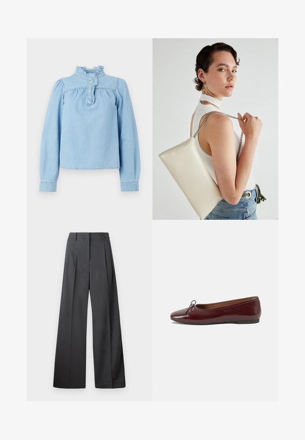 Lyseblå denimbluse med volangkrage, frontknapping og lange pufferm. Glatt tekstur med rynkedetaljer.; Vide bukser i mørkegrått stoff med høy livlinje, enkel press, og en glatt tekstur med en ren finish på ermekantene.; Burgunderrød lakk lær ballettleilighet med rund tå, liten sløyfe foran og en lav, svart gummisåle. Glatt tekstur.; Hvit rektangulær clutch-veske laget av blankt materiale, med en sølvkjede-stropp. Modellen poserer og viser vesken mot en ensfarget bakgrunn.