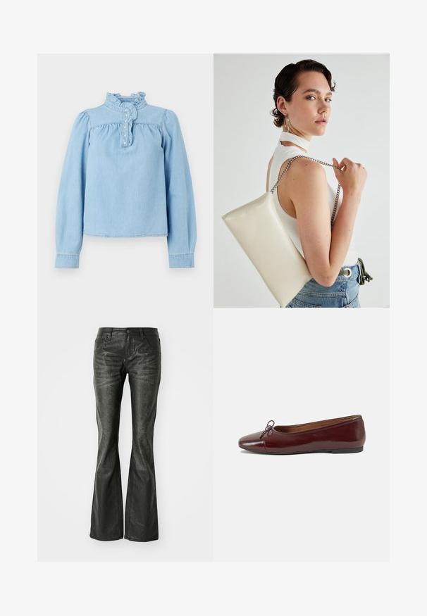 Világoskék farmer blúz fodros gallérral, elülső gombos záródással és hosszú puffos ujjakkal. Simaság jellemzi, összegyűrt részletekkel.; Fekete műbőr, bővülő szárú farmernadrág elülső zsebekkel, fémből készült gombos záródással és enyhén textúrázott felülettel. Egyenes szárú, hosszú fazon.; Burgundi lakkbőr balettcipő kerek orral, elöl kis masni díszítéssel és alacsony, fekete gumi talppal. Simára csiszolt felület.; Fehér, téglalap alakú, fényes anyagból készült clutch táska, ezüst láncos pánttal. A modell pózol, bemutatva a táskát egy egyszínű háttér előtt.